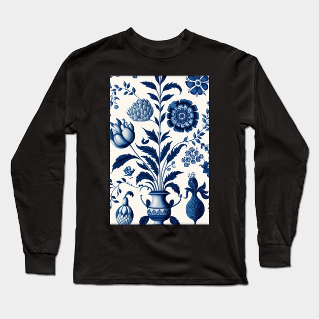 Floral Garden Botanical Print with Delft Blue and White Long Sleeve T-Shirt by FloralFancy